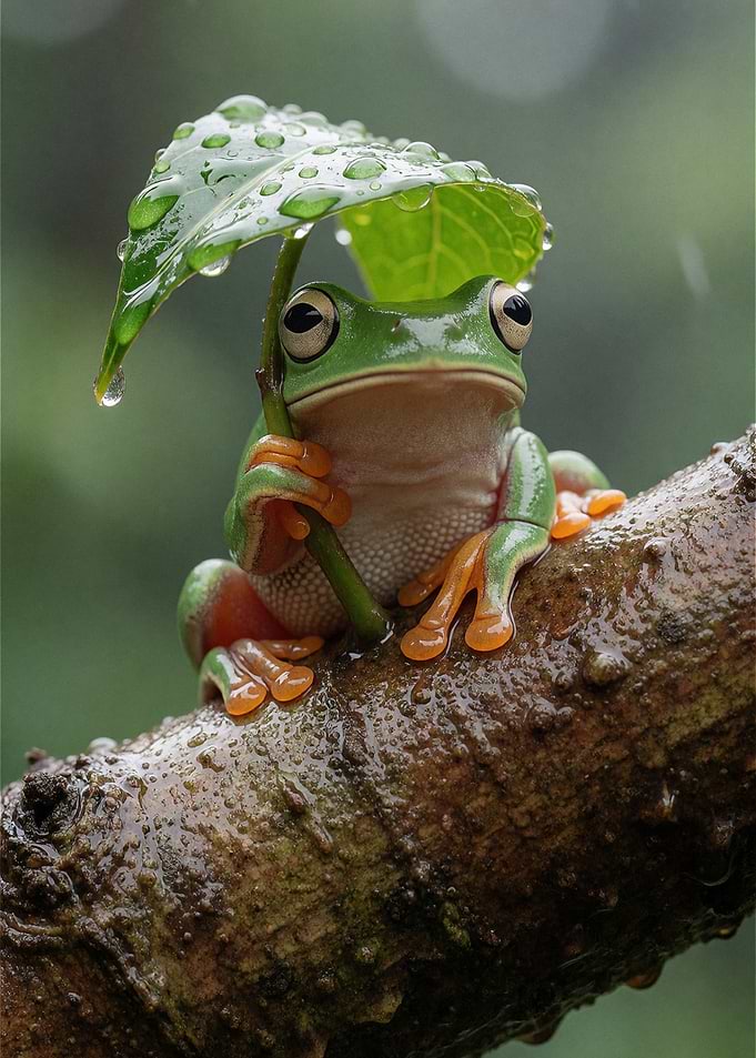 Frog holding a leaf umbrella