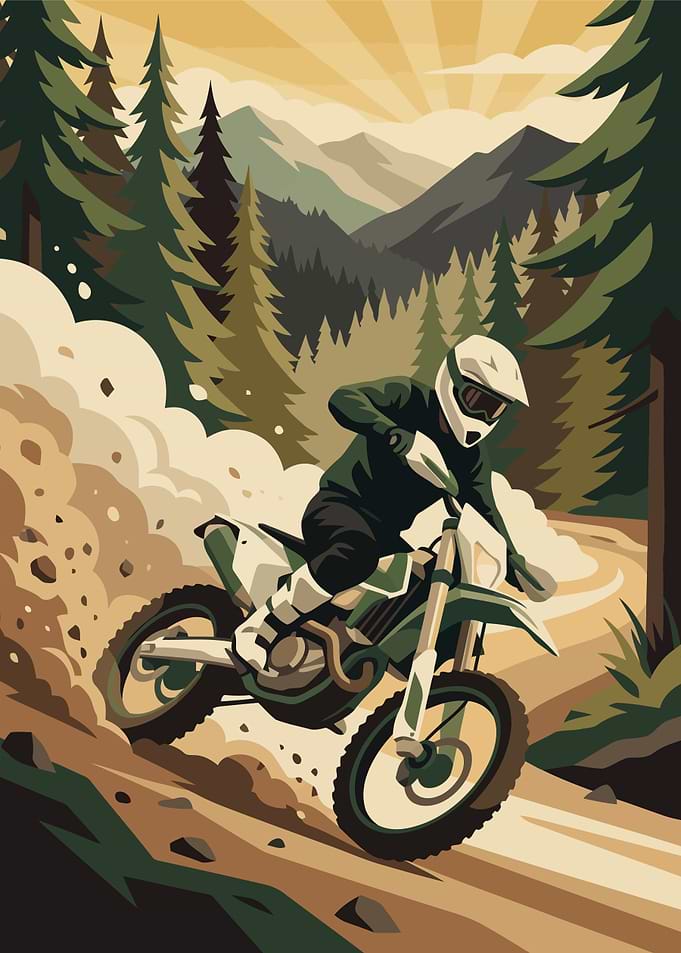 Offroad Dirt Bike Rider in Mountain Forest