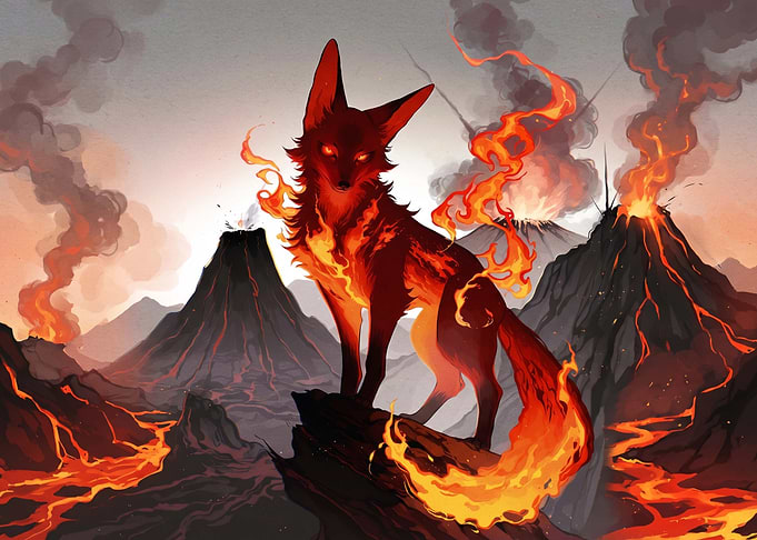 Fire Fox in Volcanic Landscape