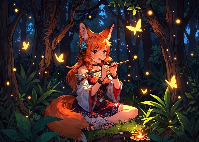 Fox Girl Playing Flute in Forest