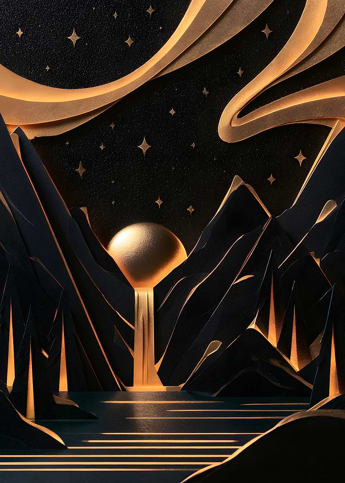 Golden Waterfall and Mountains Paper Art