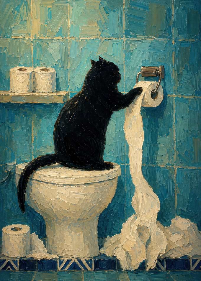 Black Cat Playing with Toilet Paper