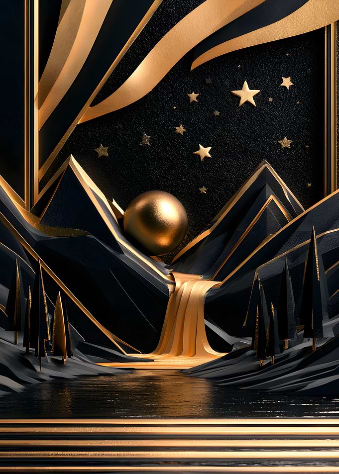 Abstract Gold and Black Mountain Landscape