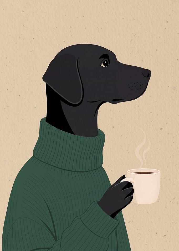 Black Labrador in Green Sweater drinking Coffee