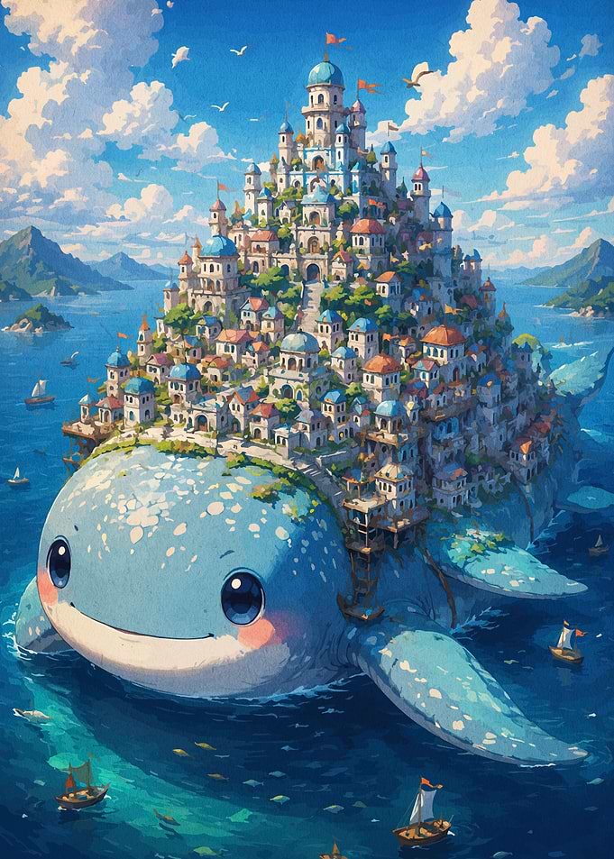 Giant Whale Carrying a Magical City