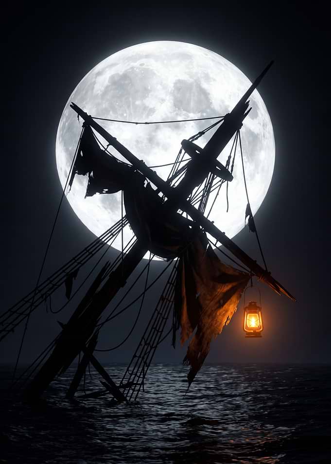 Broken Mast Silhouette Under Full Moon