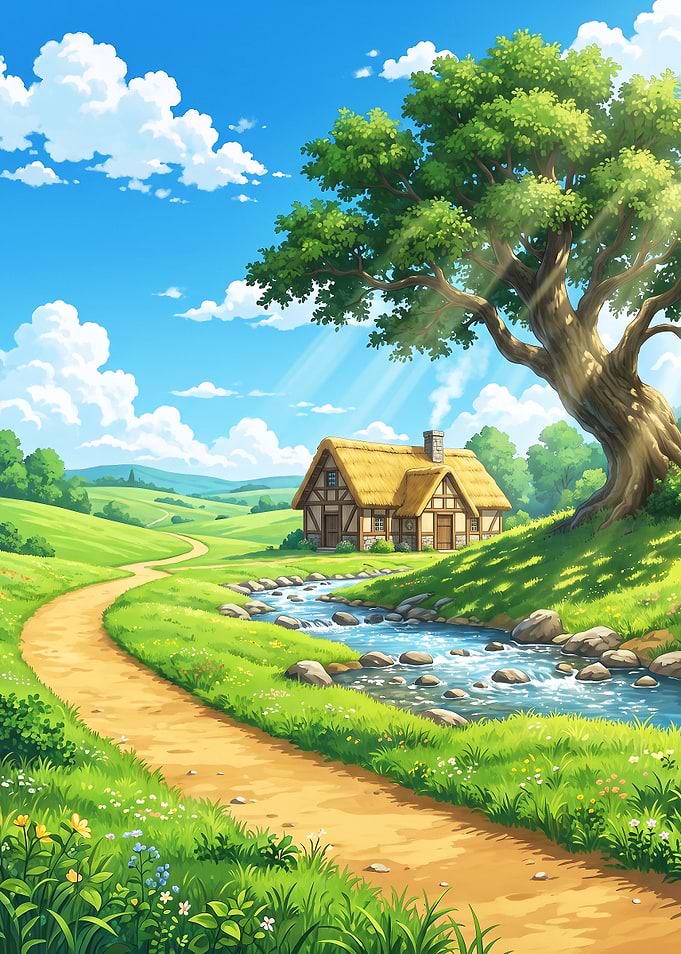 Idyllic Cottage by a Sunny Stream