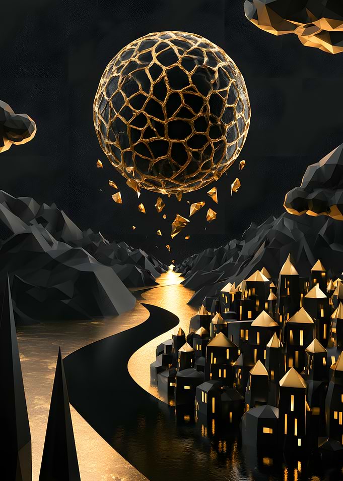 Surreal Golden Sphere Over Dark City