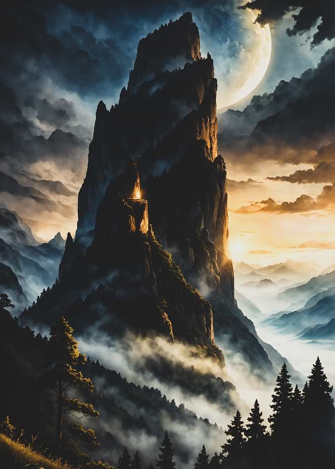 Towering Mountain Peak Under Moonlight