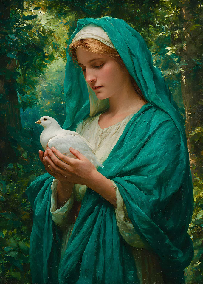 Woman in Teal Veil Holding Dove