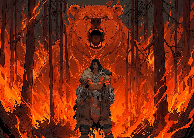 Warrior and Giant Bear in Fire