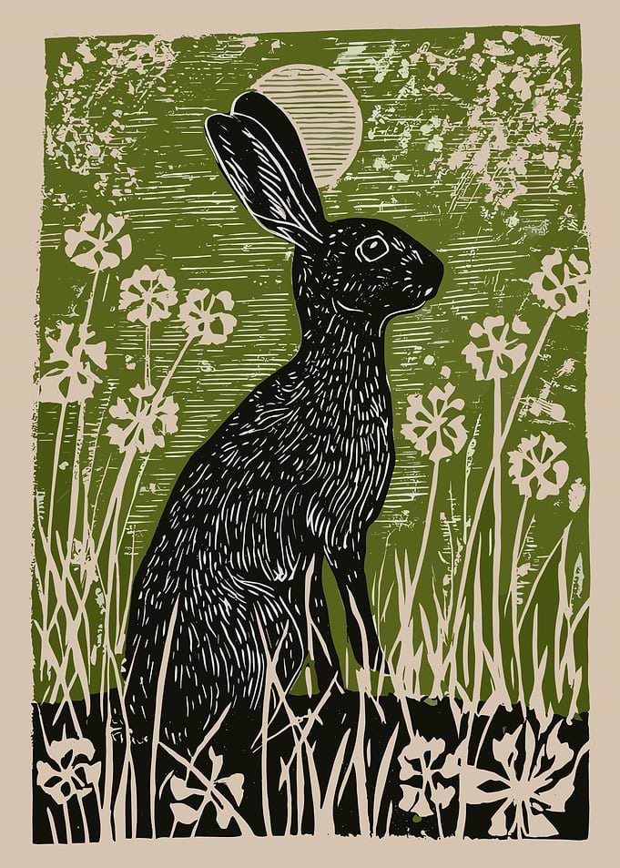 Rustic Black Hare Linocut Meadow Folk Art Vintage Nature Wall Art Poster