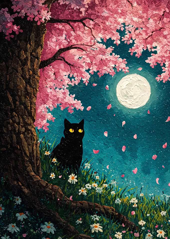 Black Cat Under Cherry Blossom Tree