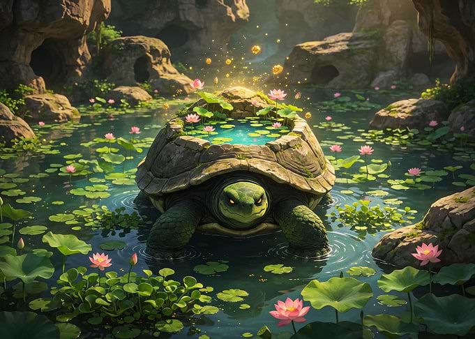 Giant Magical Turtle in Lotus Pond