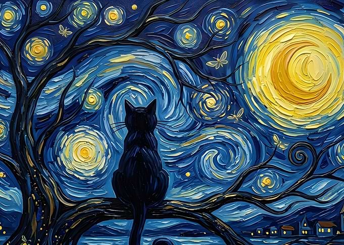 Black Cat in Starry Night