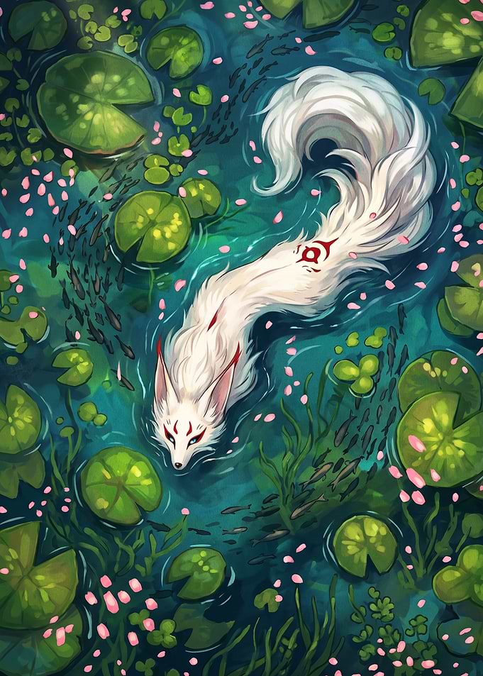 White Kitsune Swimming in Pond