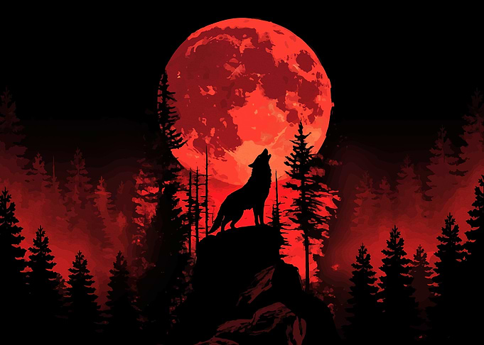 Wolf Howling at Red Moon
