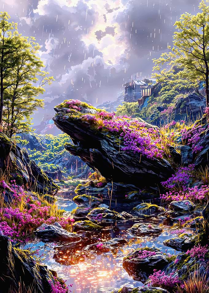 Enchanted Rocky Stream with Purple Flowers