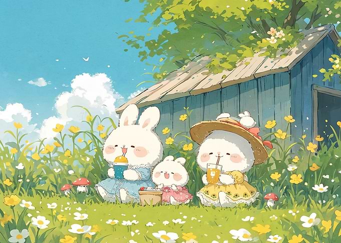 Cute Bunnies Having a Summer Picnic