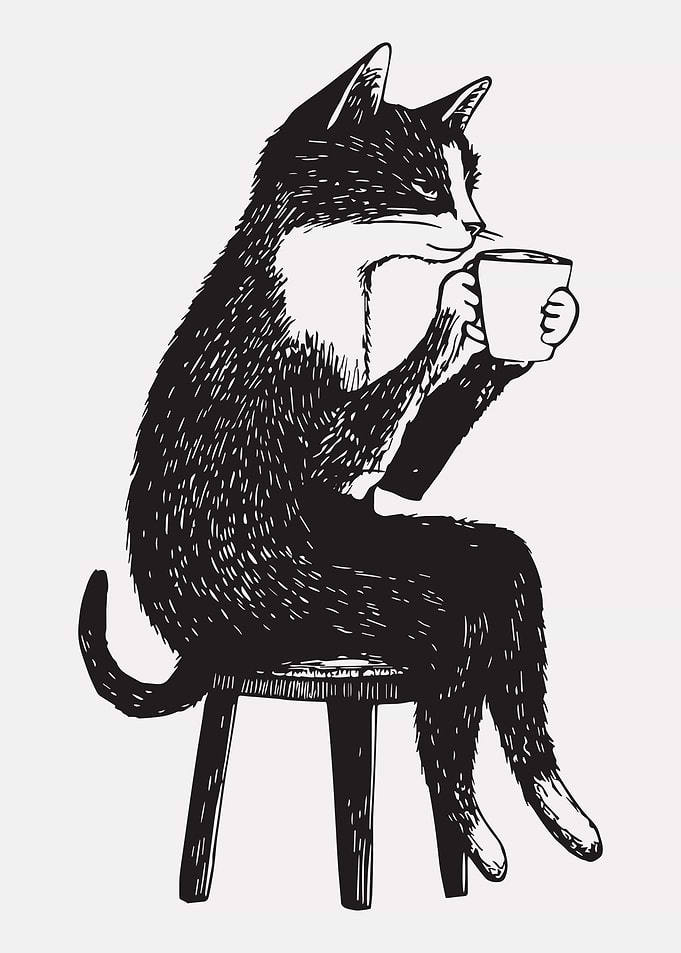 Whimsical Tuxedo Cat Coffee Art Print Black and White Ink Illustration Wall Poster
