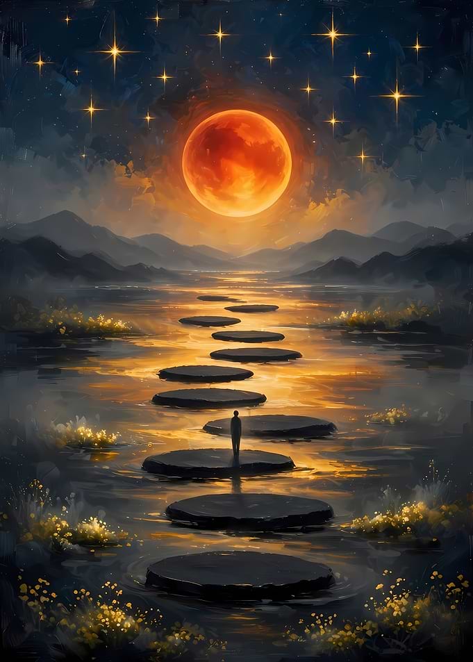 Lone Figure on Stepping Stones