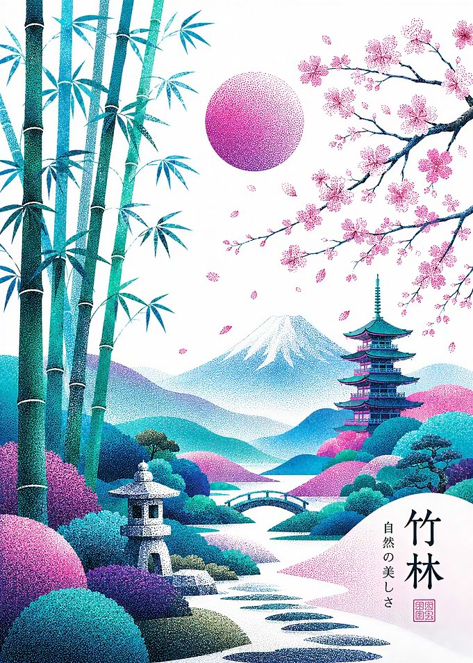 Bamboo Japanese Landscape with Mount Fuji