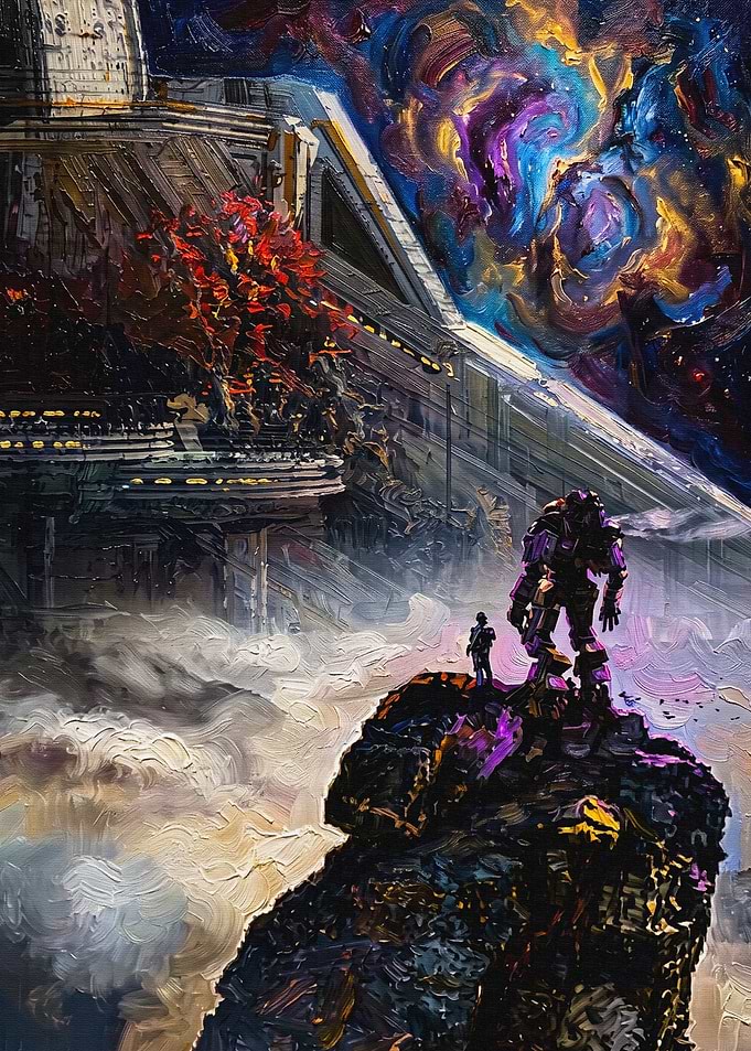 Mech Warrior and Pilot Overlooking Nebula