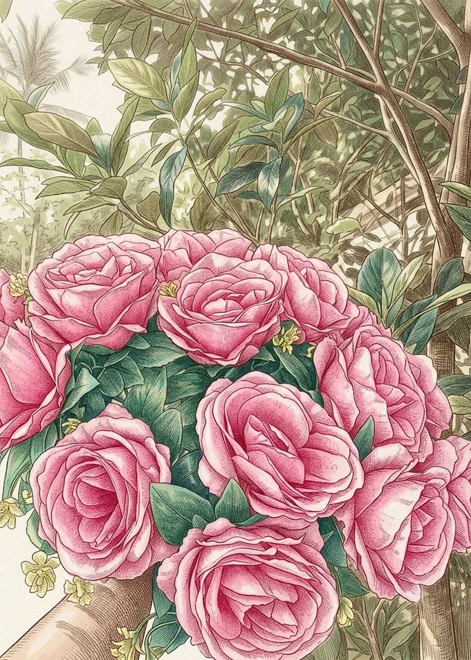 Vintage Botanical Illustration of Pink Roses