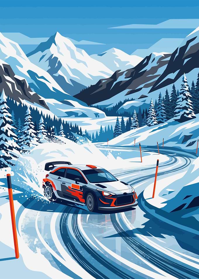 Rally Car Drifting on Snowy Road