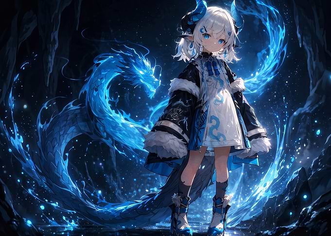 Anime Girl with Blue Water Dragon