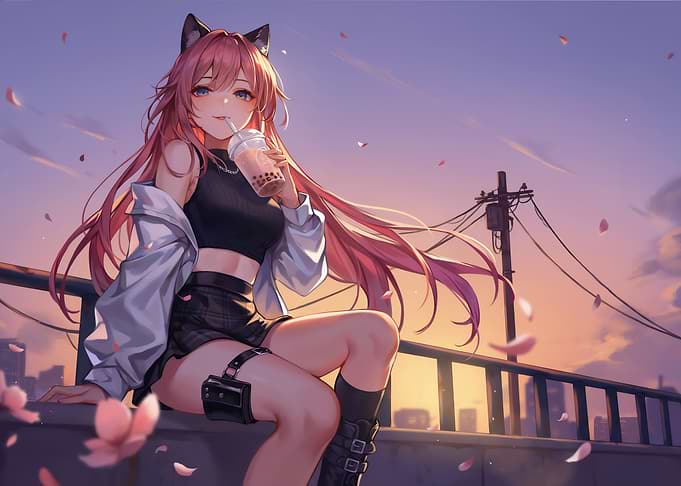Cute Anime Girl Drinking Boba at Sunset
