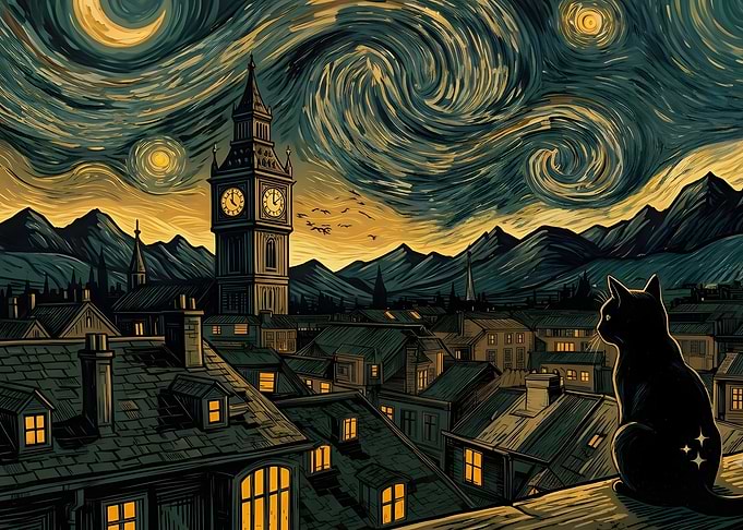 Starry Night Over Cityscape with Cat