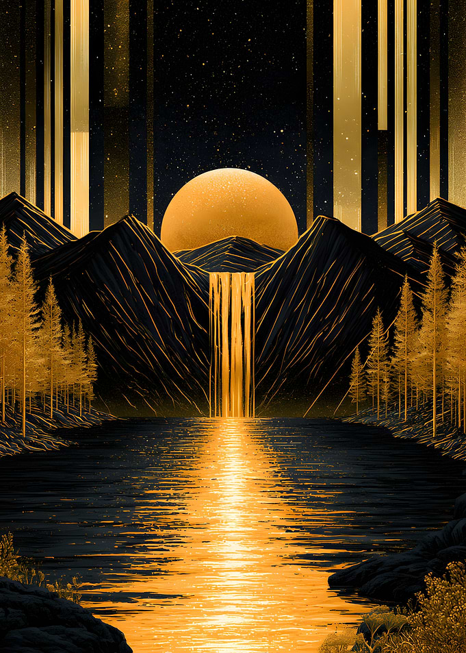 Golden Waterfall Under Celestial Moon