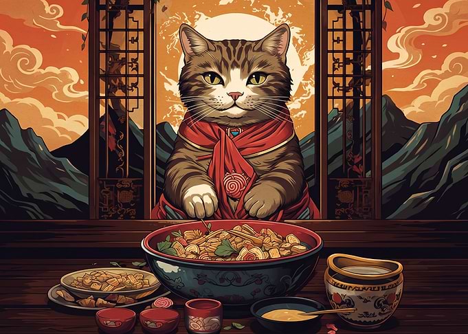 Cat Eating Traditional Asian Meal