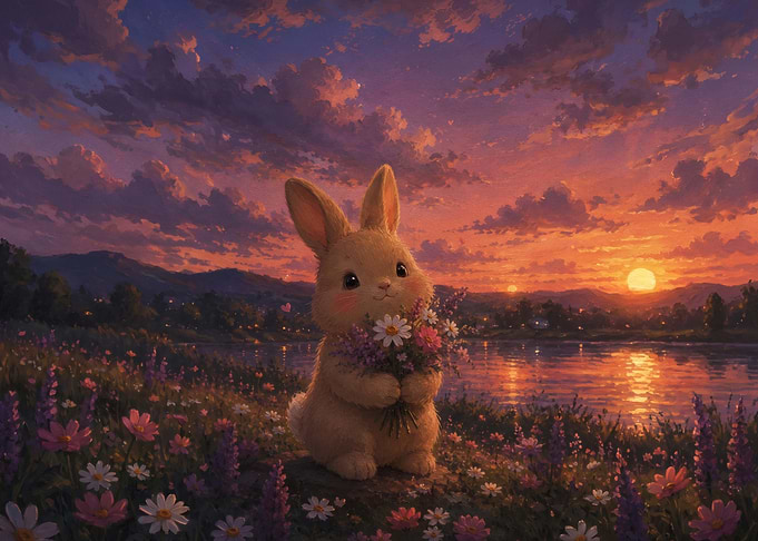 Cute Bunny Holding Flowers at Sunset