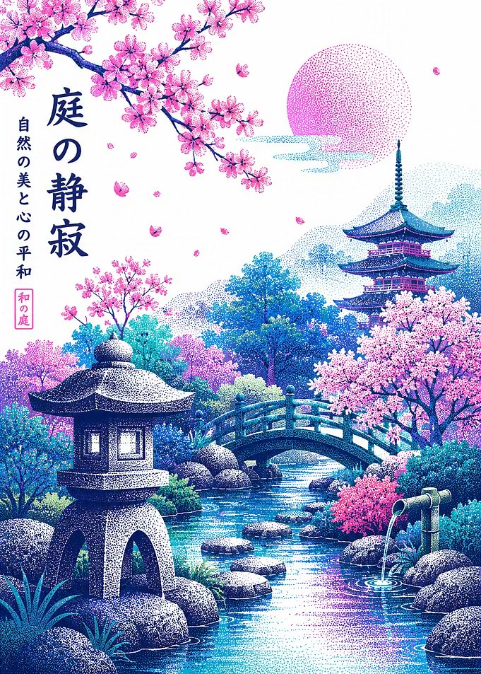 Garden Serenity - Japanese Garden with Cherry Blossoms and Stone LanternArt Print