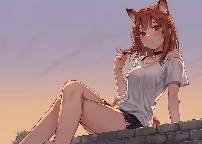 Cute Anime Fox Girl at Sunset