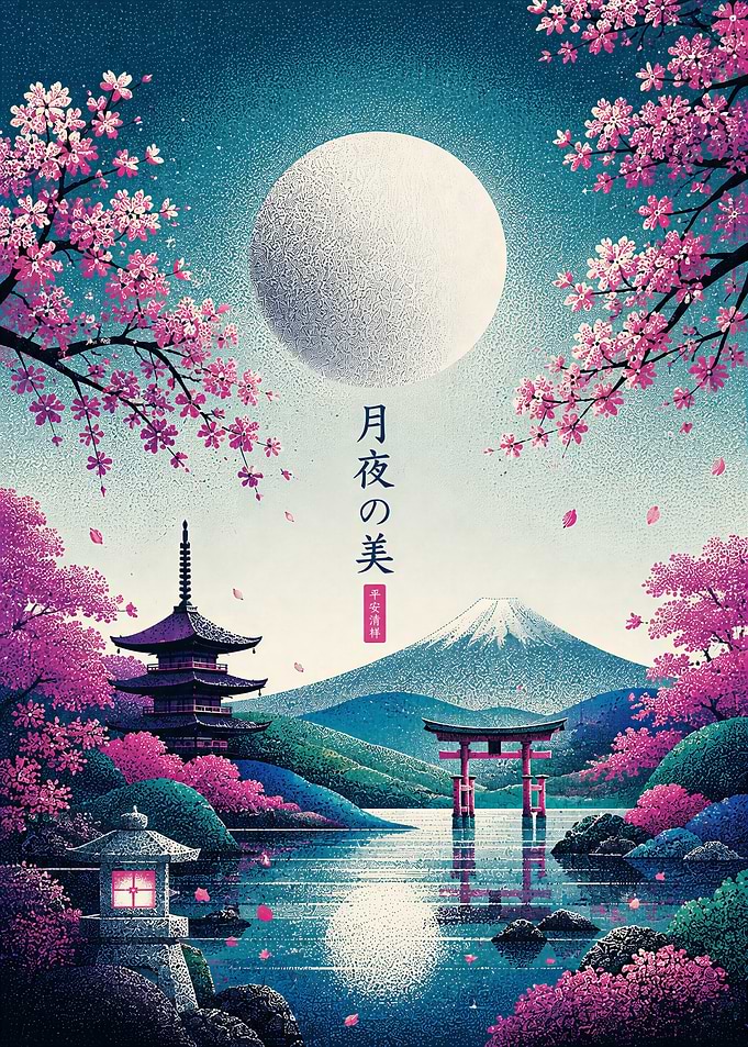 Moonlit Mount Fuji and Pagoda