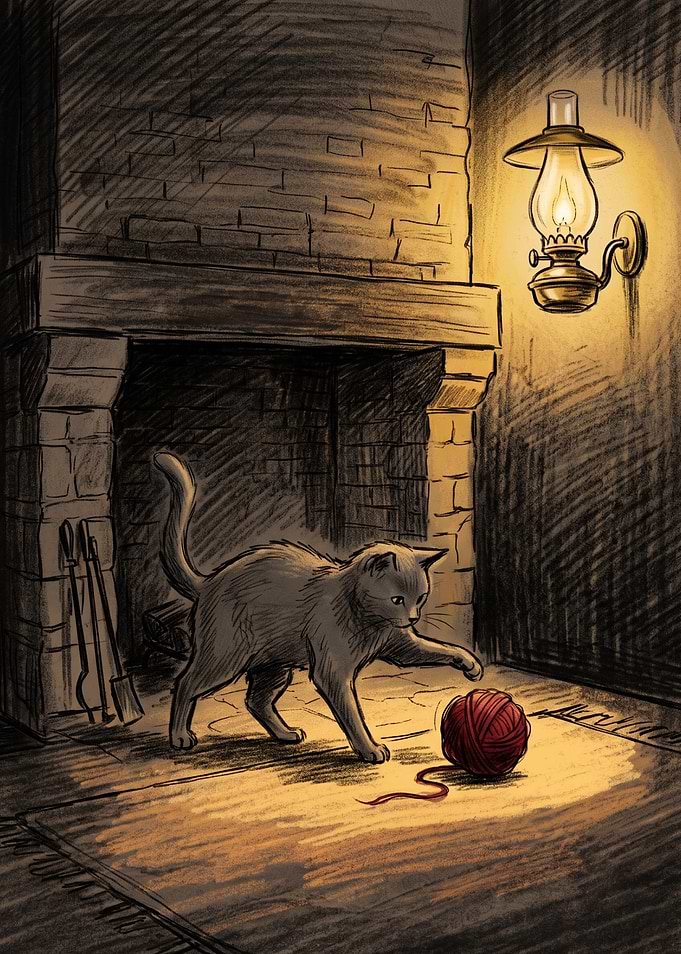 Cat Playing with Yarn by Fireplace