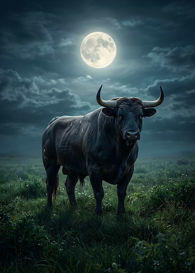 Majestic Bull Under Full Moon