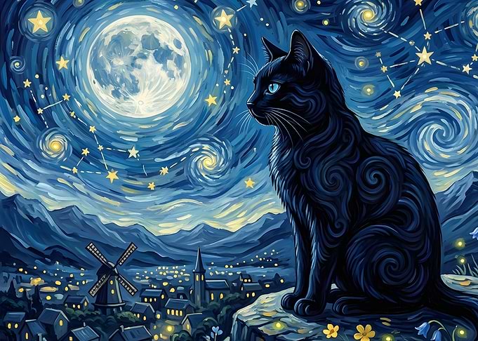 Black Cat in Starry Night