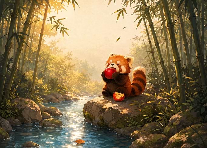 Cute Red Panda Eating Apple