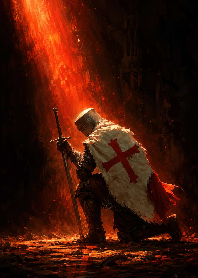 Kneeling Crusader Knight in Red Light