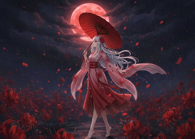 Anime Girl Under Red Moon