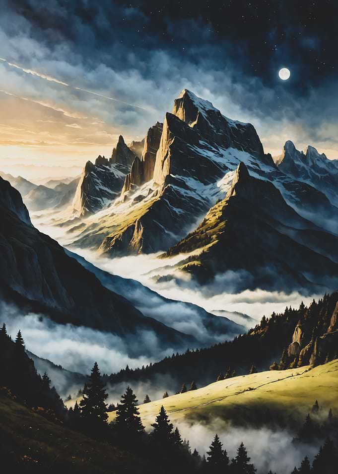 Fantasy Mountain Peaks Under Moonlight