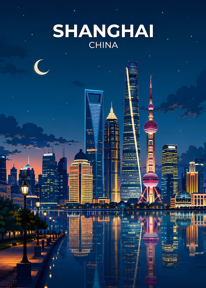 Shanghai Skyline Night Travel Poster