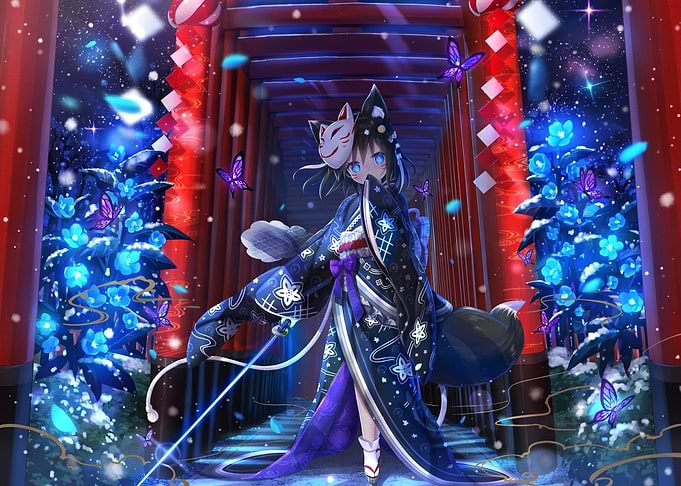Anime Fox Girl in Torii Gate