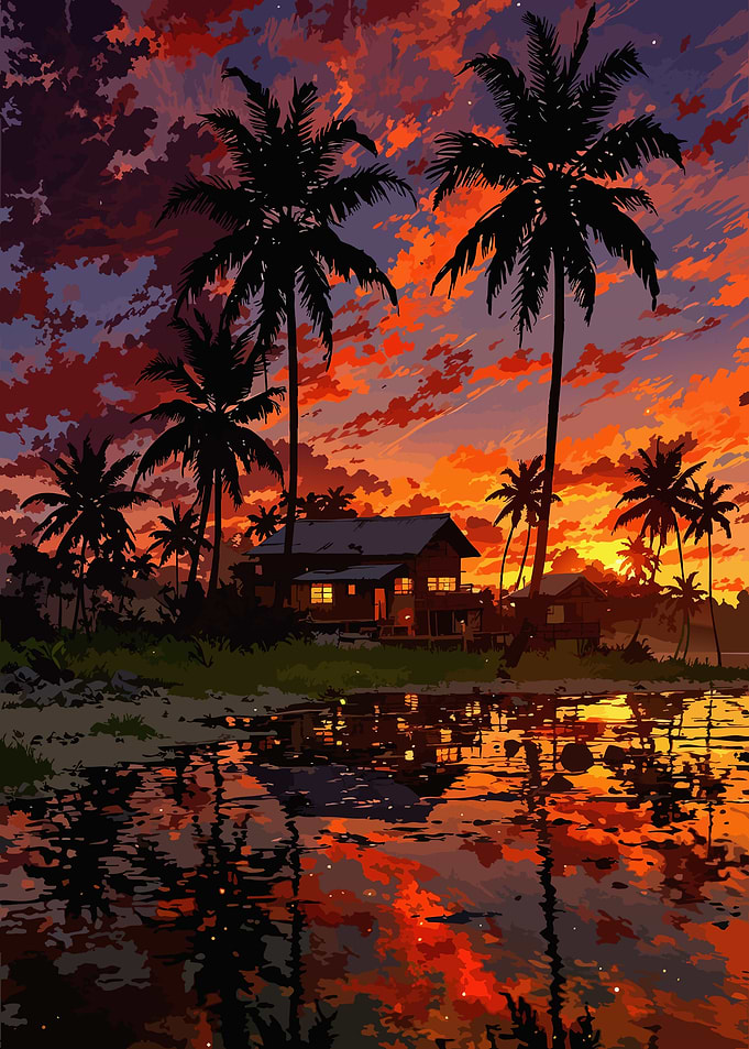 Tropical Sunset Beach House Illustration