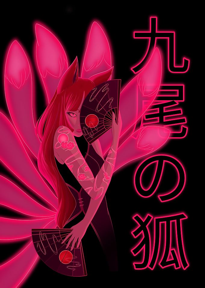 Neon Nine-Tailed Fox/Kitsune Anime Art