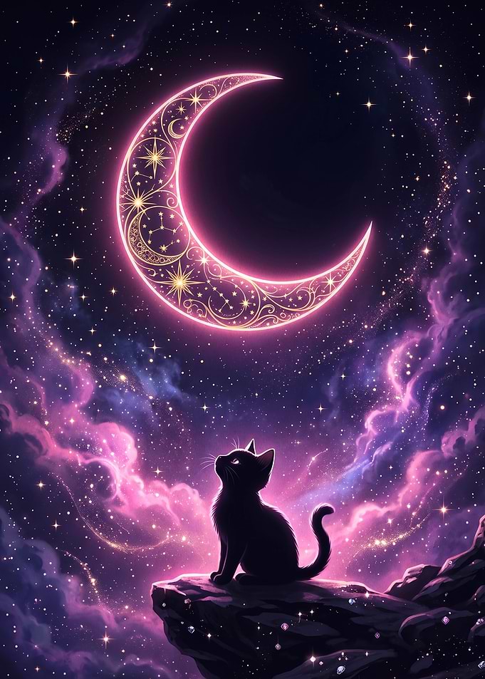 Black Cat Gazing at Celestial Moon